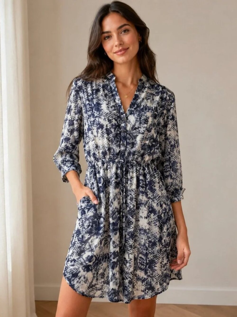 Vince Camuto Navy & White Printed Long-Sleeve Drawstring Dress